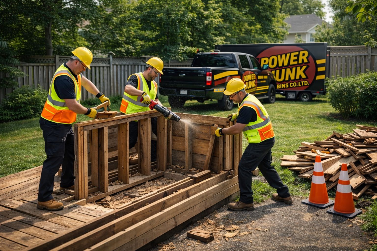 Professional demolition Durham Region - Power Junk safety crew demolishing deck with equipment Oshawa Whitby